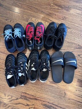 5 pairs Nike & Adidas cleats + slides - read description